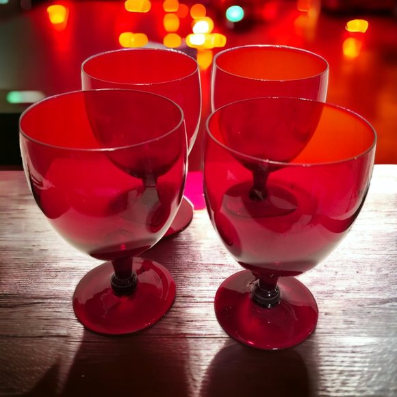 Ruby Red Wine Glass Set of 4 MCM Hand Blown Water/Wine Stemware Goblets - Picture 9 of 12